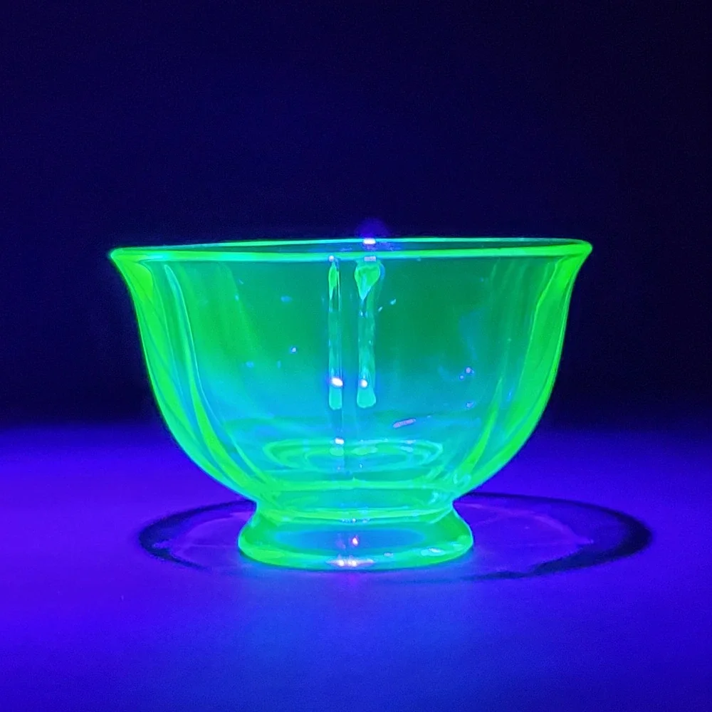 Vintage Green Uranium Glass Teacup Paneled Depression Glass Footed Glows UV
